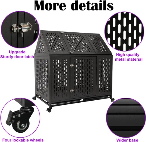 Vista 4 de Jaula para perros resistente de 44 pulgadas con pestillo resistente, perrera de acero grande indestructible con diseño de techo puntiagudo, jaula