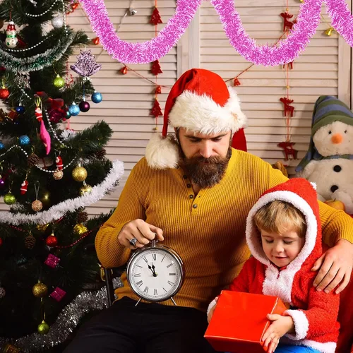 Vista 5 de Guirnalda de oropel de Navidad rosa macarrón de 50 pies, guirnalda de papel de aluminio metálico para colgar en la pared, telón de fondo