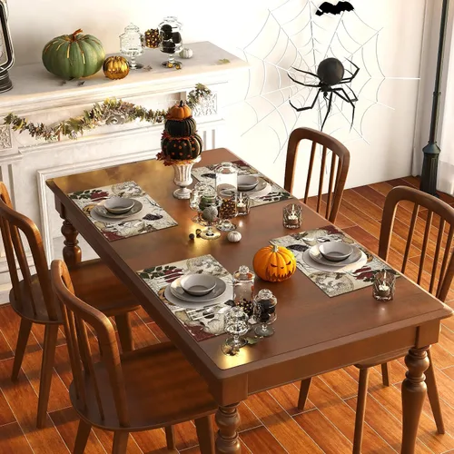 Vista 4 de Manteles individuales retro de Halloween, diseño de calavera gótica, Día de los Muertos, decoración y suministros de Halloween para la mesa