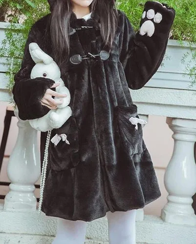 Vista 2 de BZB Kawaii Anime Lindas orejas de conejo con capucha para mujer, dulce y encantador terciopelo de felpa Lolita cálido abrigo parka
