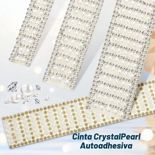 Vista 2 de Outus 3 rollos de cinta autoadhesiva de perlas con diamantes de imitación