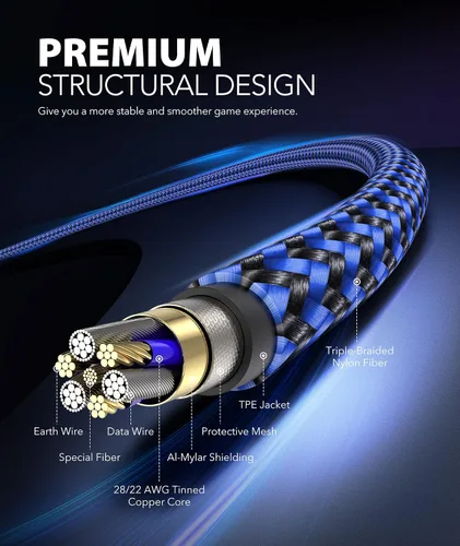 Vista 2 de 6amLifestyle Cable de carga para controlador PS4 de 16 pies, nailon trenzado extralargo, micro USB 2.0, cable de sincronización de datos de alta