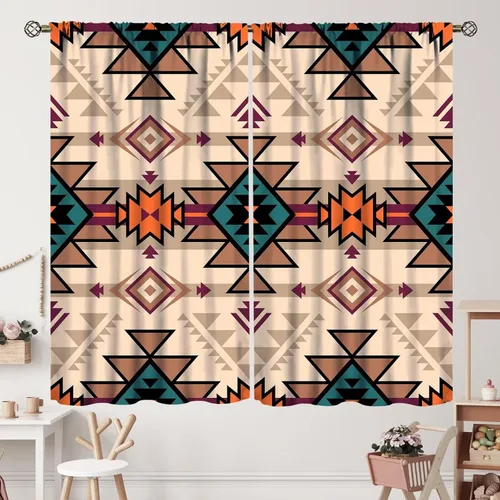 Vista 151 de Cortinas con patrón geométrico tribal, estilo suroeste, azteca, rústico, occidental, nativo americano, opacas, con bolsillo para barra, decoración