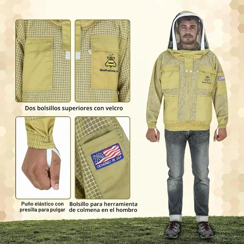 Vista 7 de Chaqueta de abeja de malla ventilada de 3 capas para hombres y mujeres con velos, chaqueta de apicultura a prueba de picaduras con guantes de cuero