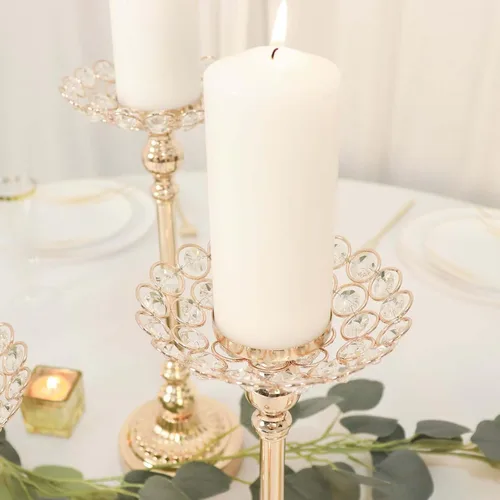 Vista 8 de Efavormart - Juego de 3 portavelas votivas con cuentas de cristal de metal dorado, soportes para velas de té, 11 pulgadas, 13 pulgadas, 15 pulgadas