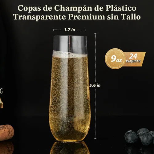 Vista 5 de FOCUSLINE Paquete de 24 Copas de Champán de Plástico Transparente de 9 Oz, Copas de Champán de Plástico Sin Tallo Transparentes, Vasos para Brindis