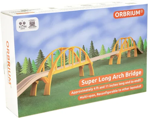 Vista 8 de ORBRIUM Puente de arco de doble tramo súper largo de casi 5 pies de largo para vías de tren de madera de ferrocarril de madera, compatible