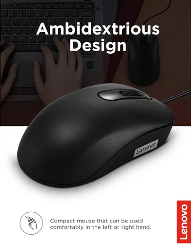 Vista 4 de Lenovo 100 Ratón con cable USB para PC, portátil, ordenador con Windows - Tamaño completo - Diseño ambidiestro - 3 botones - Sensor óptico rojo