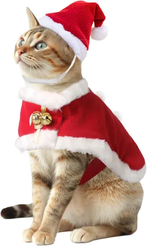 Vista 9 de Disfraz de Navidad de gato con sombrero de Papá Noel y bufanda, traje de Navidad para gatito/cachorros/decoración de Navidad para el hogar