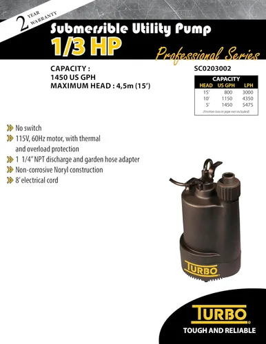 Vista 4 de Turbo Bomba sumergible de utilidad 1/3HP sin interruptor