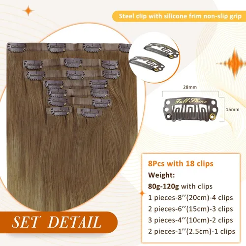 Vista 2 de Full Shine Extensiones de cabello humano con clip de 12 pulgadas, extensiones de cabello con clip de castaño claro a rubio, extensiones de cabello