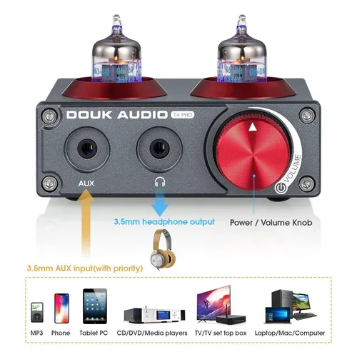 Vista 2 de Douk Audio T4 PRO Preamplificador de Fono de Tubo de Vacío, Preamplificador de Tocadiscos MM, GE5654 Amplificador de Auriculares Hi-Fi para Cine