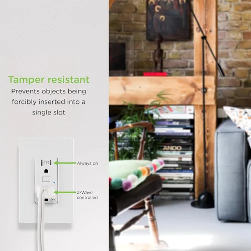 Vista 4 de Enbrighten Z-Wave Plus 14315 toma inteligente de pared resistente a manipulaciones, funciona con Alexa, Google Assistant, 1 toma Z-Wave y 1 toma
