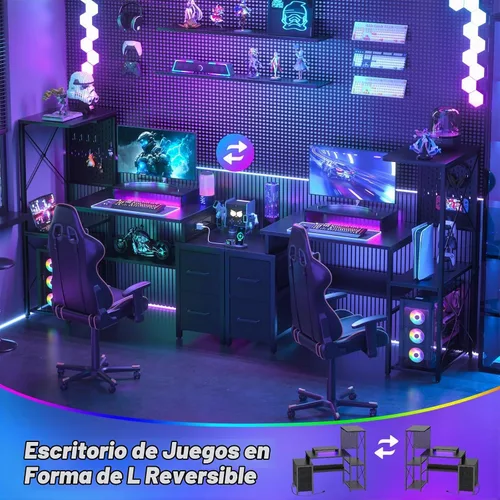 Vista 3 de Escritorio pequeño para juegos con 2 cajones de tela, escritorio reversible para computadora con toma de corriente y luces LED, escritorio