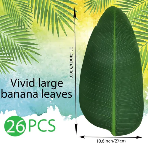 Vista 2 de Hojas de plátano grandes, 26 manteles individuales de hojas, decoración de hojas de plátano artificiales para fiesta hawaiana, aventura de selva