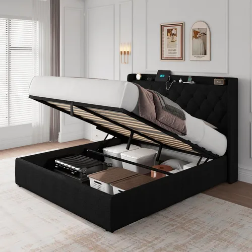 Vista 10 de iPormis Base de cama de almacenamiento elevable de tamaño completo con estación de carga, base de cama de plataforma tapizada con cabecera capitoné