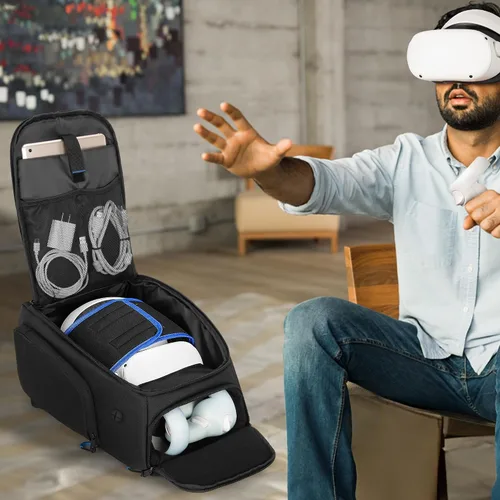 Vista 7 de Bolsa de transporte de almacenamiento compatible con Oculus Meta Quest 2/Quest 3/Quest 3S/Quest Pro/VR Elite correa y controlador, mochila de viaje