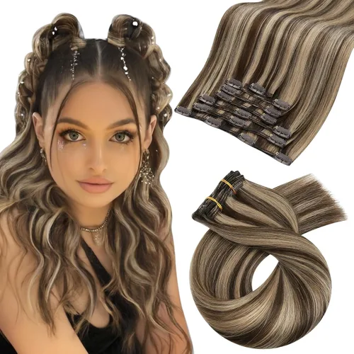 Vista 102 de Moresoo Extensiones de cabello humano con clip, balayage, color marrón oscuro a marrón dorado con clip, extensiones de cabello humano con clip, 5