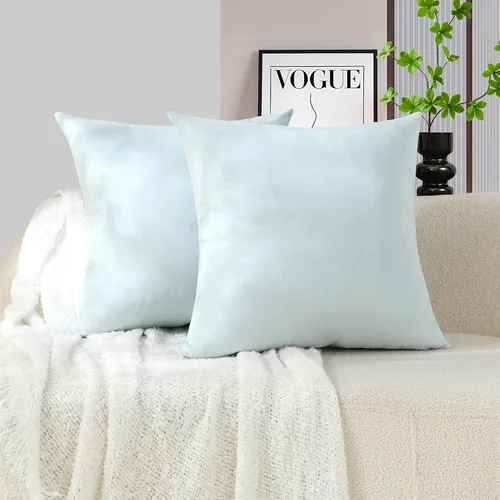 Vista 6 de mixeoo Fundas de almohada decorativas azul bebé cómodas de terciopelo cuadrado súper suaves para sofá de la sala de estar, juego de 2, 18 x 18