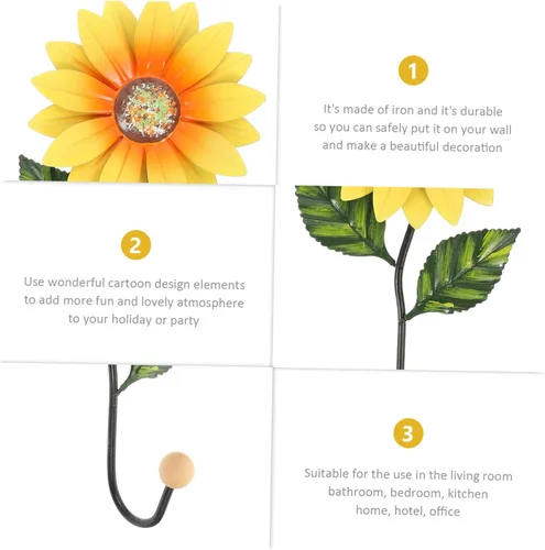 Vista 7 de Gancho colgante en forma de flor, gancho de pared de girasol para decoración del hogar, arte de pared de hierro decorativo para baño, dormitorio