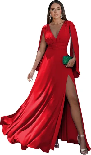 Vista 17 de Women's Long Sleeve Bridesmaid Dresses V-Neck Chiffon Ruched Formal Dress Evening Gown with Slit