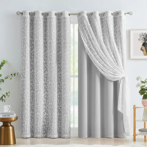 Vista 16 de Jubilantex Cortinas opacas completas + paneles de ventana transparentes con hojas, juego de tratamiento de ventana de doble capa estilo mezcla