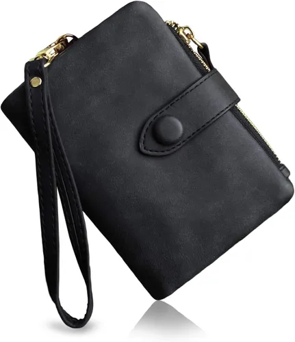 Vista 10 de PofeeXIO Cartera de cuero pequeña para mujer Bifold RFID con muñequera para damas, ranura para tarjetas, ventana para identificación, monedero