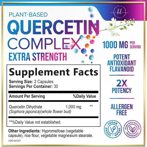 Vista 2 de Dihidrato de quercetina 1000 mg por porción - Bioflavonoides de primera calidad a base de plantas - Antioxidante extra fuerte Apoyo para la salud