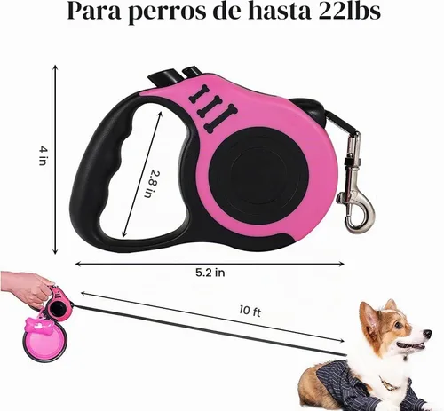 Vista 2 de Correa retráctil resistente para perros o gatos pequeños, cinta de nailon 360 sin enredos, mango antideslizante, con dispensador de bolsas de basura