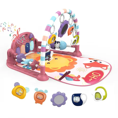 Vista 17 de dearlomum Gimnasio con tapete de juego para bebé, divertido tapete de piano para tiempo de barriga con 5 juguetes sensoriales para bebés y 2