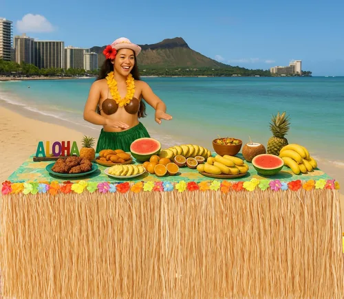 Vista 7 de GiftExpress Falda de mesa de hierba Luau de 9 pies x 29.5 pulgadas, falda de fiesta temática hawaiana con decoración de flores de hibisco, telón