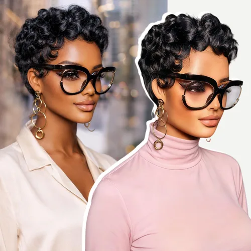Vista 9 de YOUKNOWIG Peluca corta de corte Pixie en capas, pelucas de cabello humano sin pegamento con corte Pixie para mujeres negras, hechas a máquina, sin