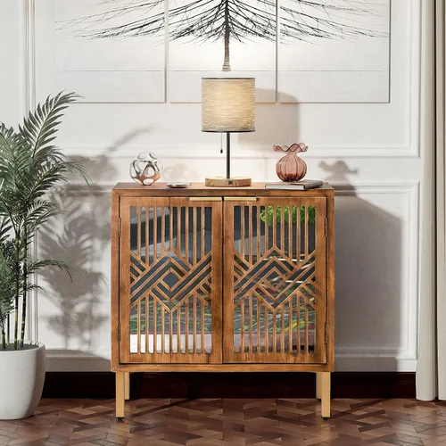 Vista 5 de COZAYH Armario decorativo de 2 puertas, aparador de madera con espejo geométrico moderno frontal, armario independiente para el hogar y la cocina