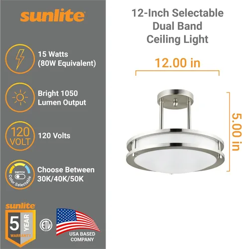Vista 2 de Sunlite 87783 Lámpara colgante LED de doble banda de 12 pulgadas, montaje empotrado, 15 vatios, 1050 lúmenes, color seleccionable 30K/40K/50K