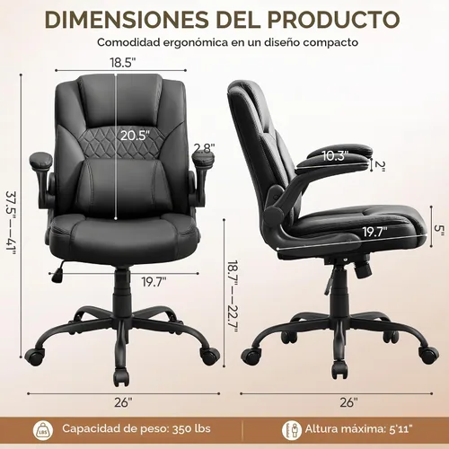Vista 2 de Silla de Oficina para el Hogar con Soporte Lumbar, Asiento Engrosado de 5", Pequeña Silla de Escritorio Mecedora de Cuero PU, Cómodas Sillas de Negro