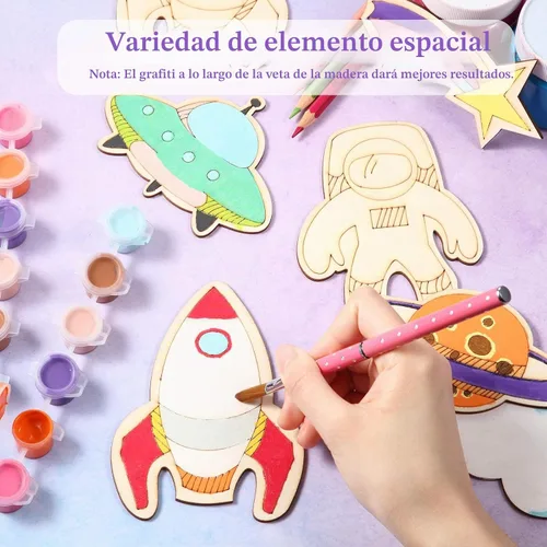 Vista 5 de Jetec 27 piezas de manualidades del espacio exterior, recortes de madera sin terminar, temática espacial, recuerdo de fiesta, cohete, planeta
