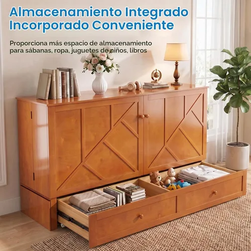 Vista 5 de Mjkone Armario de cama Queen Murphy, cama de pecho Murphy con cajón de almacenamiento, estación de carga USB, panel de noche, camas convertibles