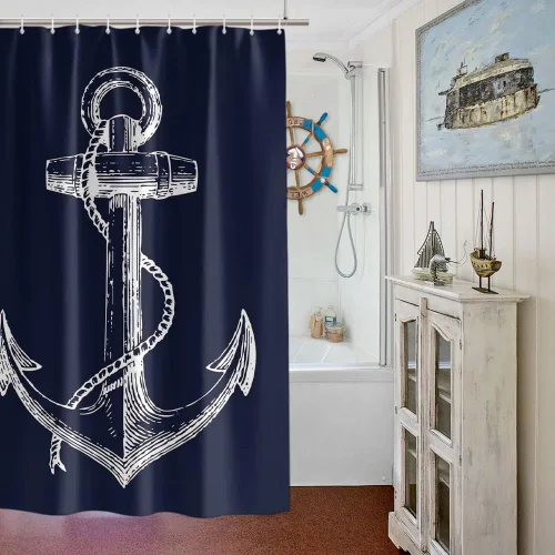 Vista 3 de Cortina de ducha náutica personalizada con ancla azul marino, 70 x 72 pulgadas