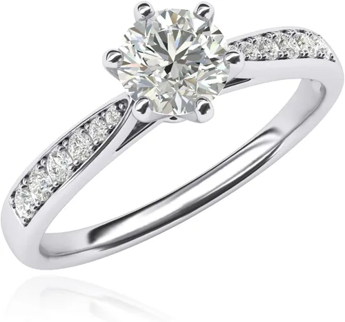 Vista 2 de Anillo de compromiso de oro blanco de 14 k de 10 quilates clásico de 6 puntas de diamante simulado con piedras laterales graduadas