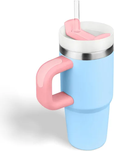 Vista 22 de Vaso de 14 oz con asa y pajita, vaso de 14 oz para niños con tapa y pajita, vasos de acero inoxidable para niños, para deportes al aire libre
