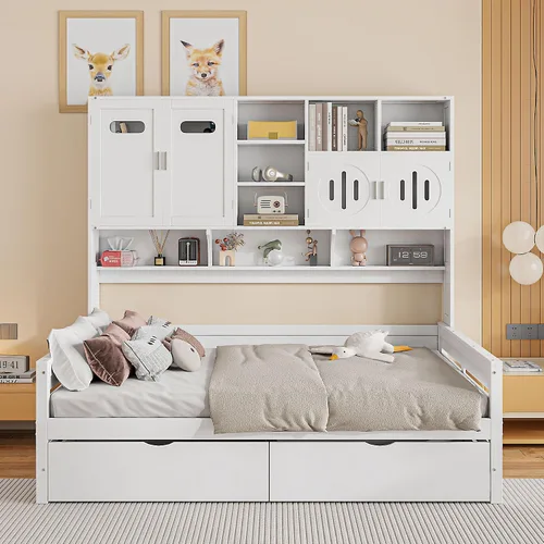 Vista 36 de VilroCaz Cama de sofá de tamaño individual de madera con estantes de almacenamiento y escritorio de estudio, estructura de cama de día Blanco
