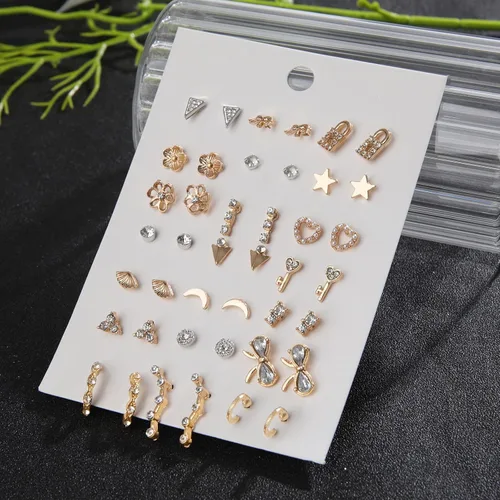 Vista 4 de Juego de 63 pares de aretes tipo dormilona para mujer, hipoalergénicos, variados, con bloqueo de luna, estrellas y perlas de imitación