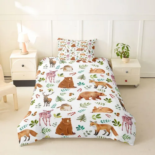 Vista 26 de Erosebridal Juego de ropa de cama individual de animales de la selva para niñas y niños, funda de edredón de elefante oso, tigre, león, safari