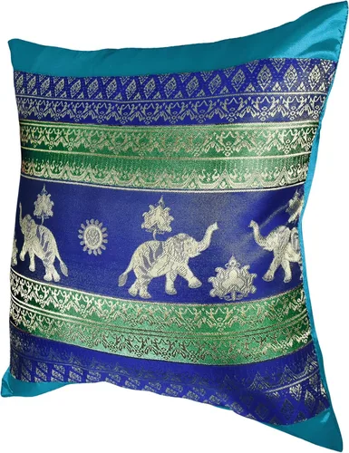 Vista 3 de AeraVida Juego de 2 fundas de cojín inspiradas en elefantes tailandeses y sol en rayas azul real y verdes, para decoración colorida y moderna