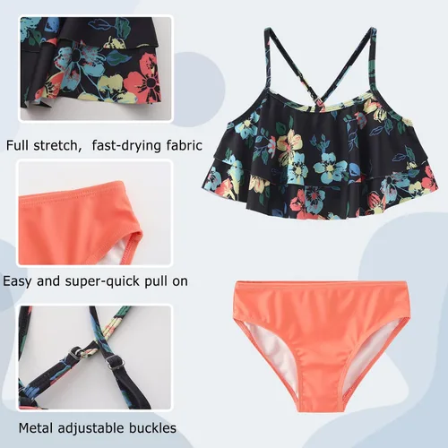 Vista 3 de Traje de baño de dos piezas para niñas, traje de baño hawaiano para niñas de 3 a 16 años Negro Rosa Rojo Floral