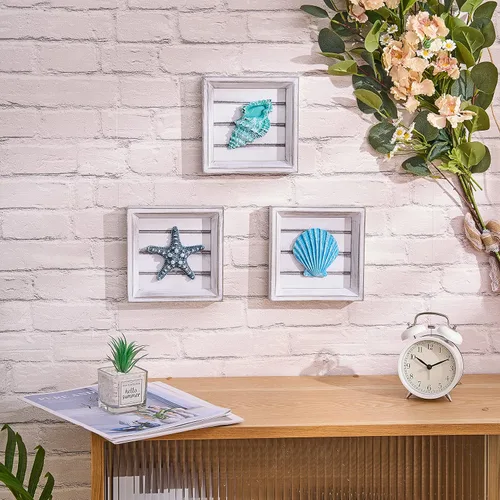 Vista 6 de LODOCAVE - Decoración 3D de pared de playa con diseño de conchas y estrellas de mar, 6.3 x 6.3 pulgadas Beach Theme Room & Beach House Decor