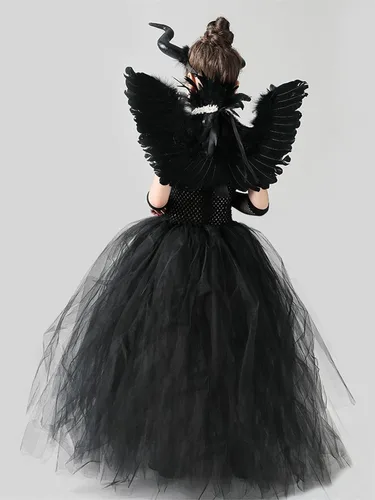 Vista 3 de Lchiji Disfraz de bruja de vampiro para niñas, tutú de tul, cuernos, capa de plumas y cuernos, conjunto de disfraz de cosplay