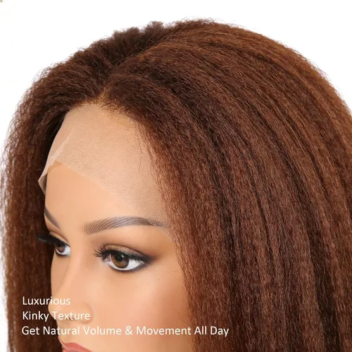 Vista 3 de Pelucas de cabello humano lacio tipo afro marrón con encaje frontal de 13 x 4, pelucas de cabello humano prearrancado con nudos invisibles, castaño