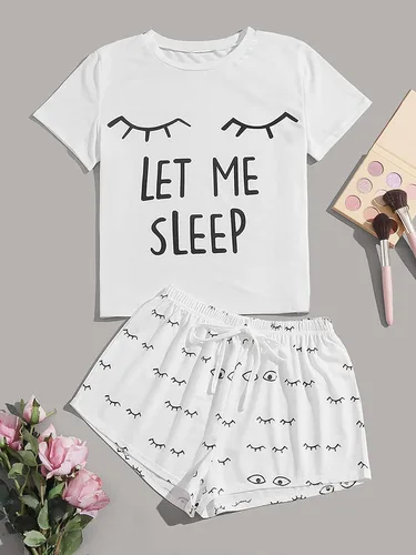 Vista 6 de WDIRARA - Conjunto de pijama con camiseta y short para mujer, con estampado de ojos cerrados