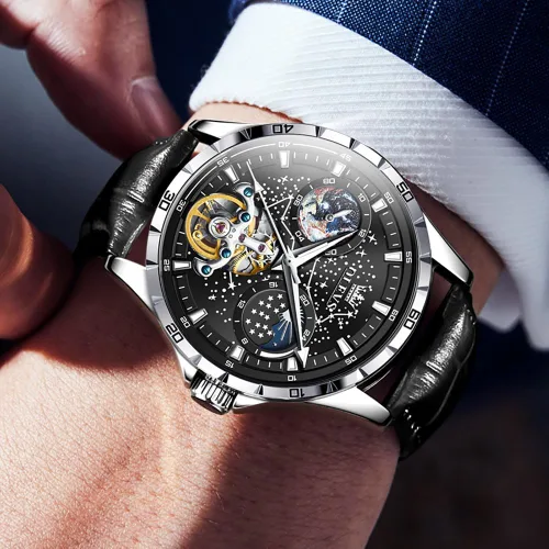 Vista 4 de OLEVS Relojes de cuero para hombre, mecánico automático, esqueleto Tourbillon, diamante, de lujo, cuerda automática, relojes de pulsera de vestir